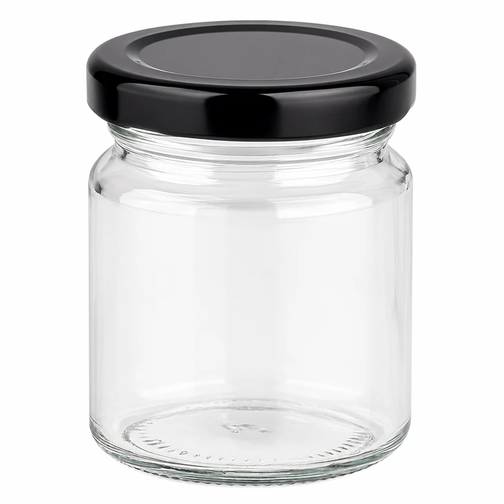 53ml rond potje met zwart BasicSeal deksel leeg op witte achtergrond klein glazen potje om te bewaren