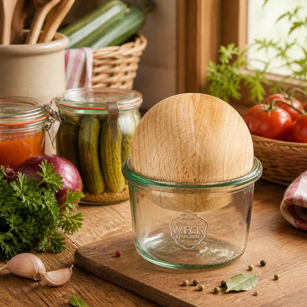 80ml stortglas WECK RR60 met houten bal WECK 80ml RR60 mason jar met beukenhouten deksel in een rustieke keuken naast verse kruiden en inmaakpotten