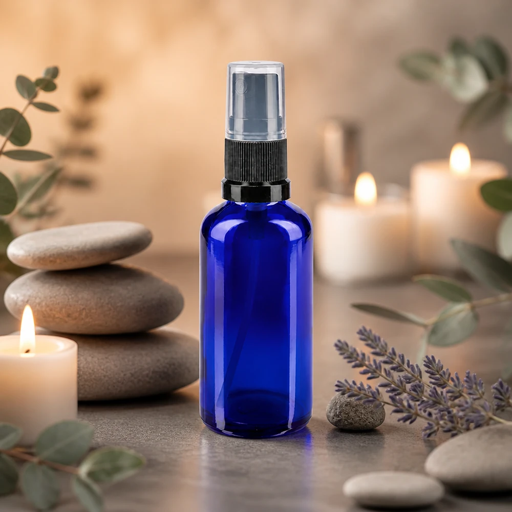 Blauwe glazen flessen 50ml met zwart pompverstuiver Blauwe apothekersspuitfles van 50 ml, ideaal voor kamersprays, hydrolaten en etherische oliën