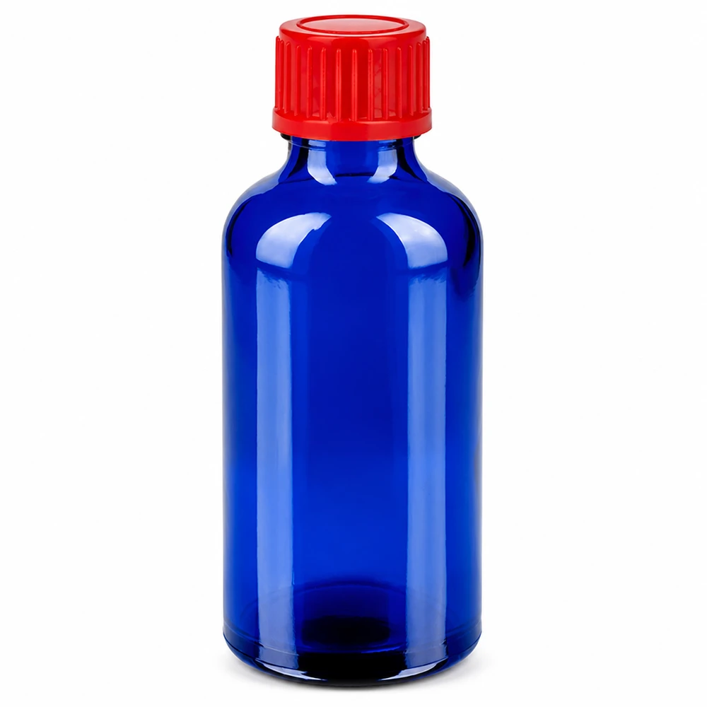 50ml fles 11mm SV rood STD BlueLine UT18/50 Helderblauwe 50ml fles met contrasterende rode dop BlueLine serie