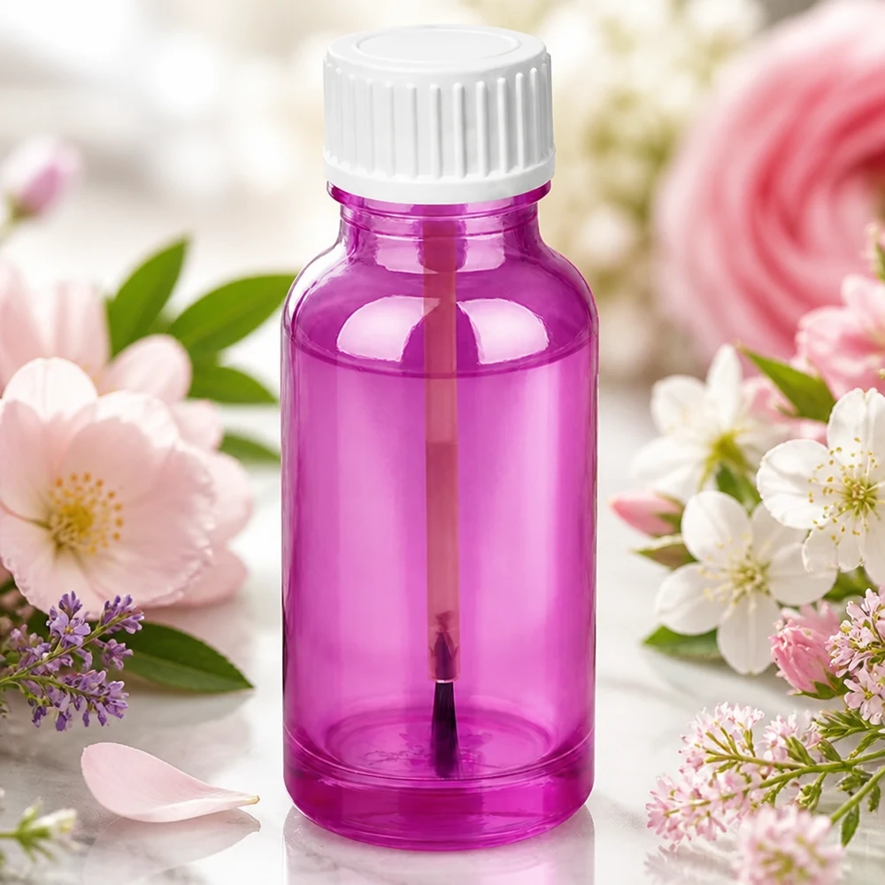 Paars 20ml kwastflesje van robuust glas voor langdurig en hygiënisch bewaren van cosmetica
