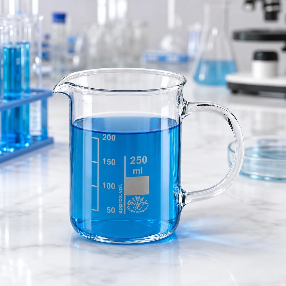 Glasbeker met handvat van 250 ml, gemaakt van hittebestendig borosilicaatglas en gevuld met blauwe testvloeistof