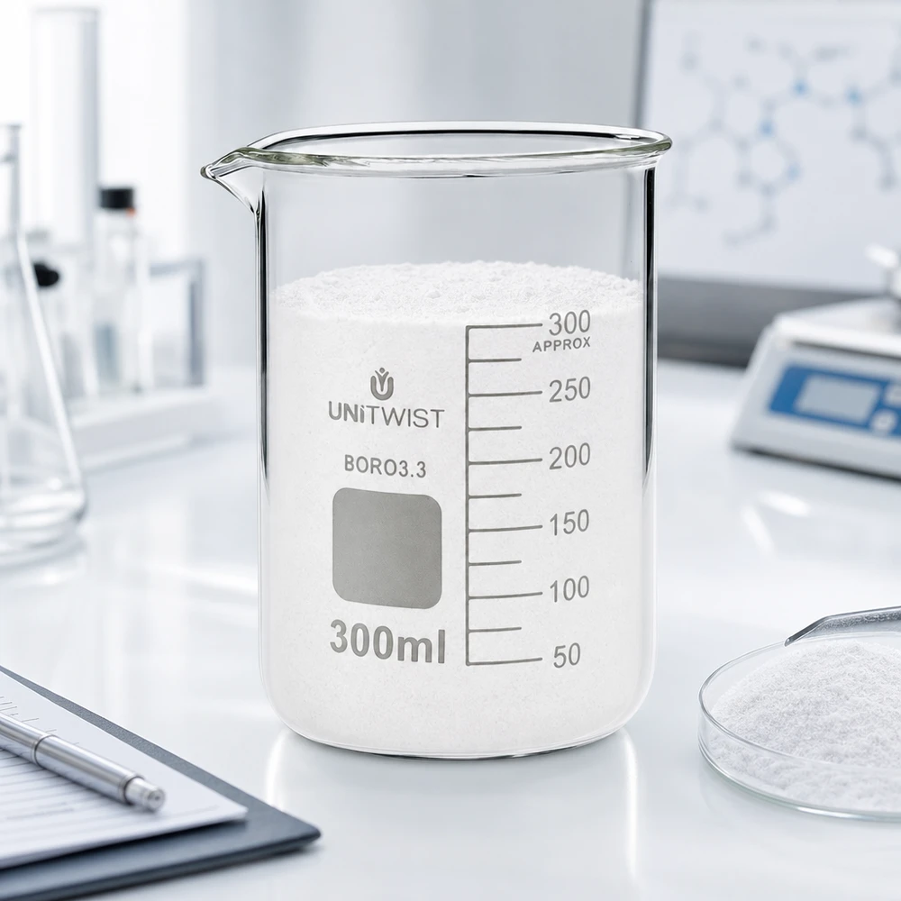 Beker 300ml borosilicaat, lage vorm UNiTWIST Geraffineerd laboratoriumglas van 300 ml, vervaardigd uit borosilicaatglas 3.3, met schenktuit en witte vaste stof