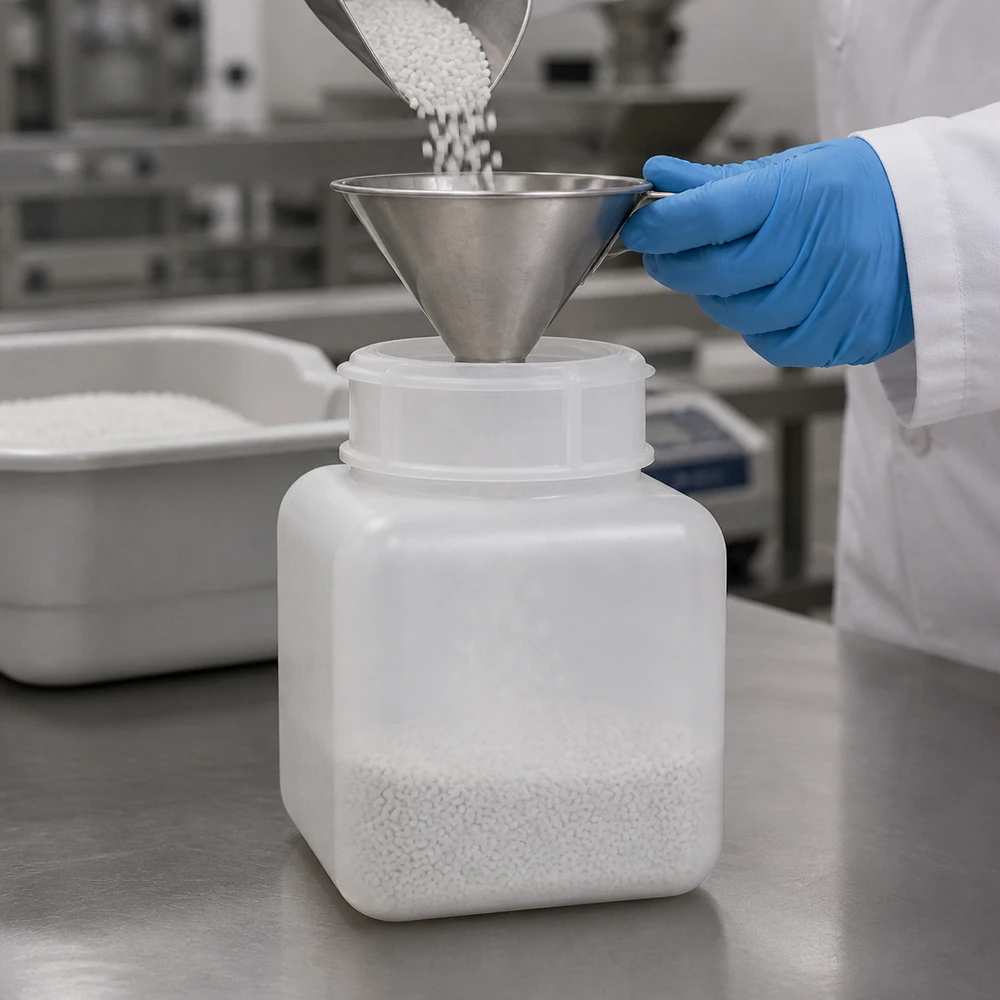 Chemiebestendige kunststof fles van 500 ml met brede hals, naturel, op een roestvrijstalen tafel in een cleanroom
