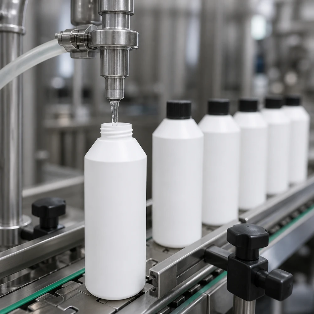 PET cilinderfles 250ml wit met schroefsluiting zwart Het machinaal vullen van witte apotheekflesjes van 250 ml HDPE met een nauwkeurige doseerspuit in productie