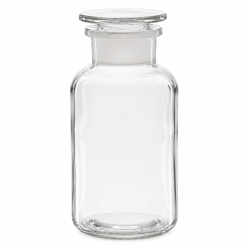 Klassieke apothekersfles 500 ml, brede hals, helder, met glazen stop, ronde schouders