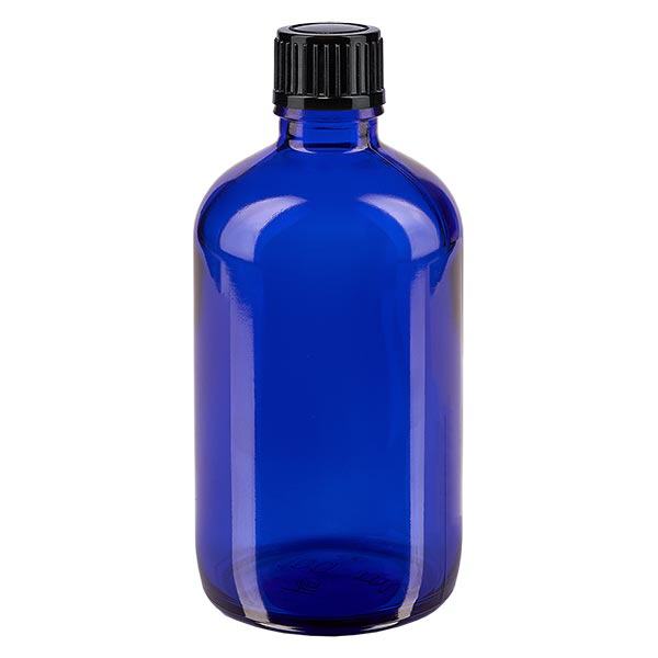 Blauwe glazen flessen 100ml met zwart schroefsluiting St Blauwe glazen flessen 100ml met zwart schroefsluiting St
