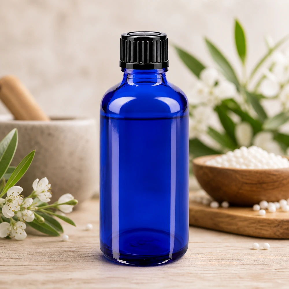 Farmaceutisch geschikte blauwe glazen fles van 50 ml met druppeldop voor homeopathie en natuurgeneeskunde