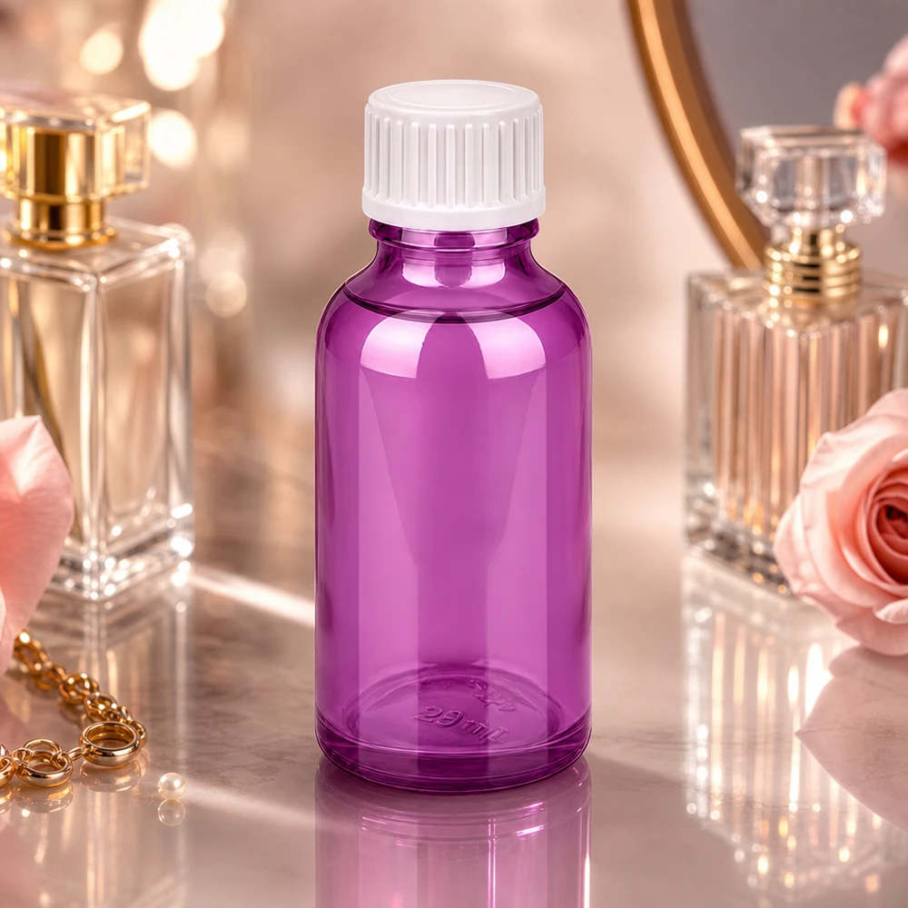 Decoratieve paarse glazen fles 30ml met witte dop voor schoonheidsroutine en aromatherapie