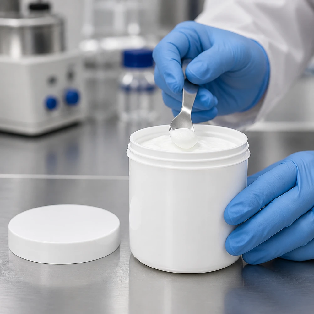 Zalfpot 200 g wit met schroefdeksel wit (PP) Witte, cilindervormige zalfpot van 200 g met een plat schroefdeksel van voedselveilig polypropyleen