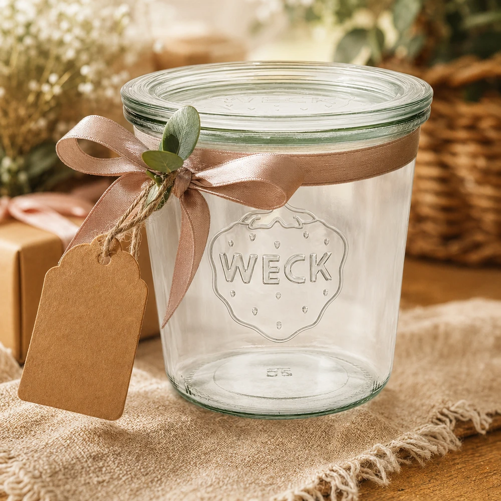 WECK bekers 580ml RR100 gedecoreerd met een bruine strik en een cadeaulabel als cadeauverpakking