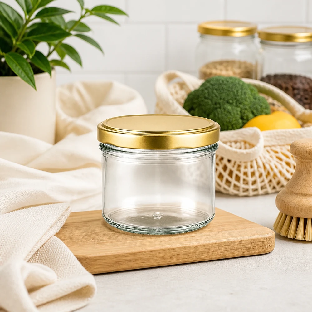 225ml beker UNiTWIST goud leeg op houten plank in duurzame zero-waste keuken met groenten en natuurlijke vezels