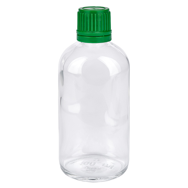 100ml flacon 11mm SV groen OV ClearLine UT18/100 100 ml fles van helder glas met groene schroefdop, 11 mm, ClearLine-laboratoriumfles UT18
