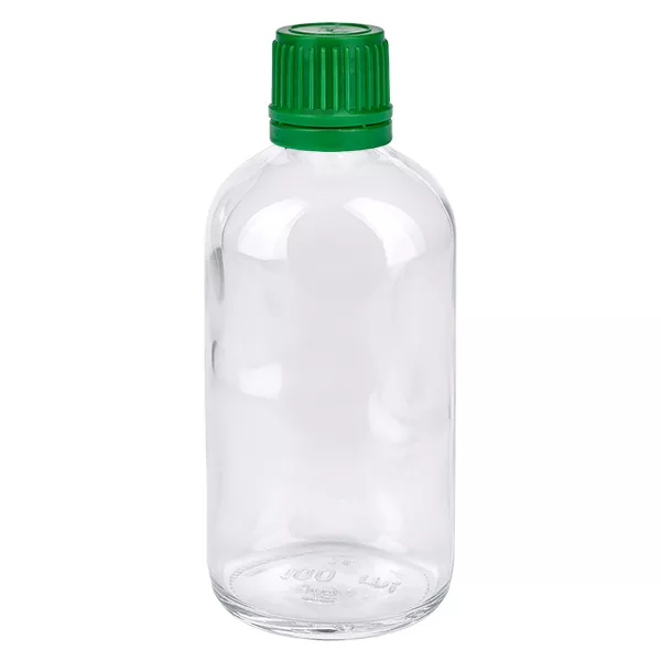 100 ml fles van helder glas met groene schroefdop, 11 mm, ClearLine-laboratoriumfles UT18