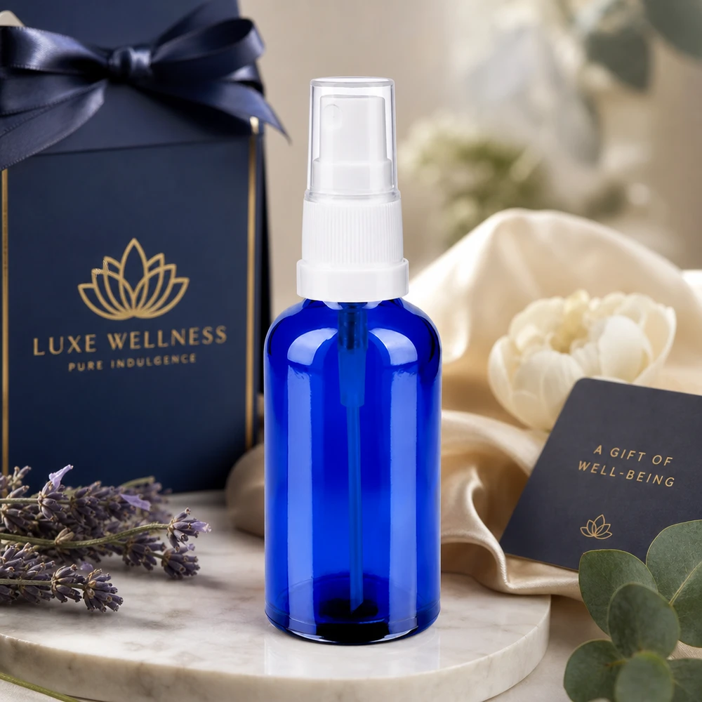 Luxueuze blauwe glazen fles 50ml met wit spray-opzetstuk voor exclusieve wellnessbehandelingen