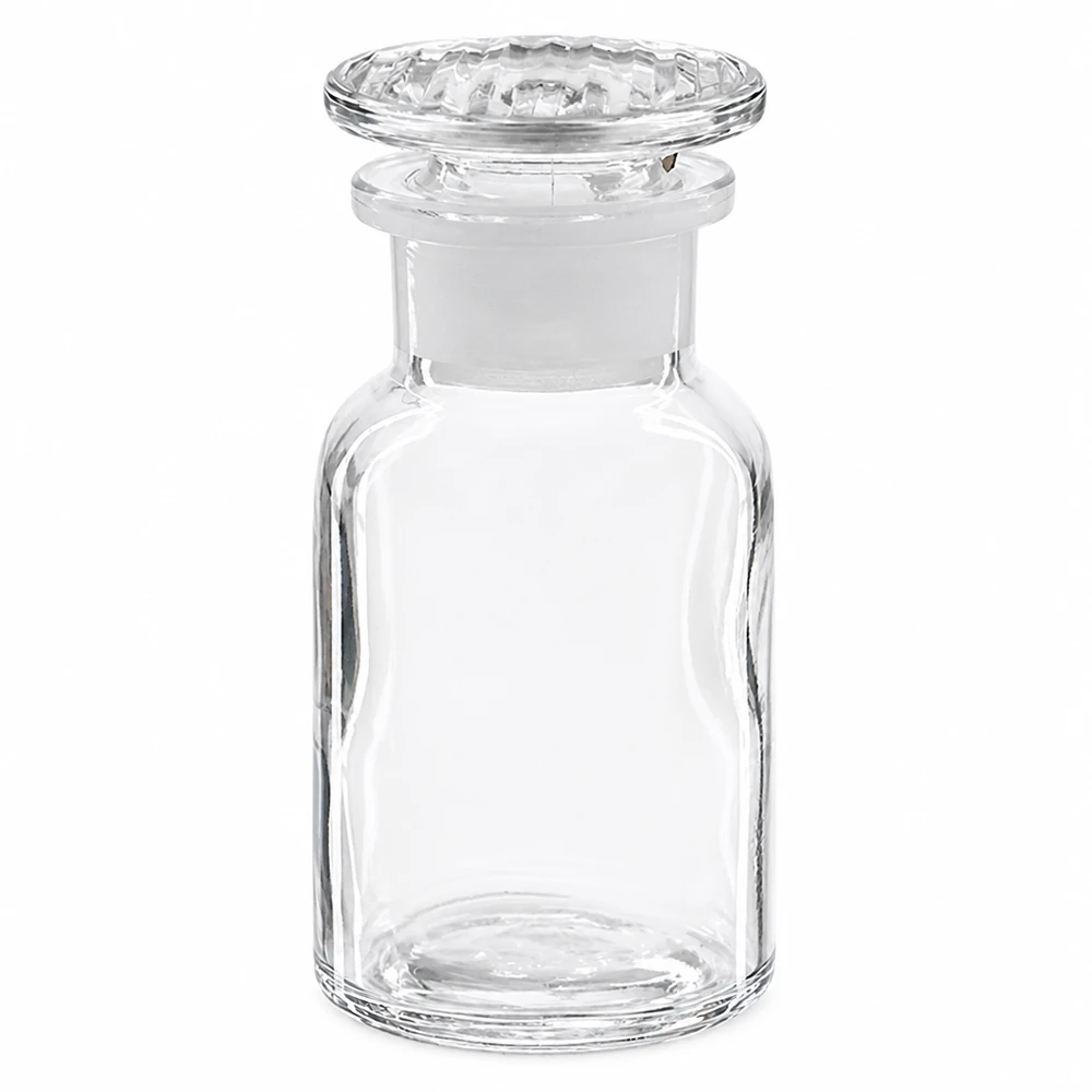 Kleine doorzichtige voorraadfles van 100 ml met brede opening en glazen dop