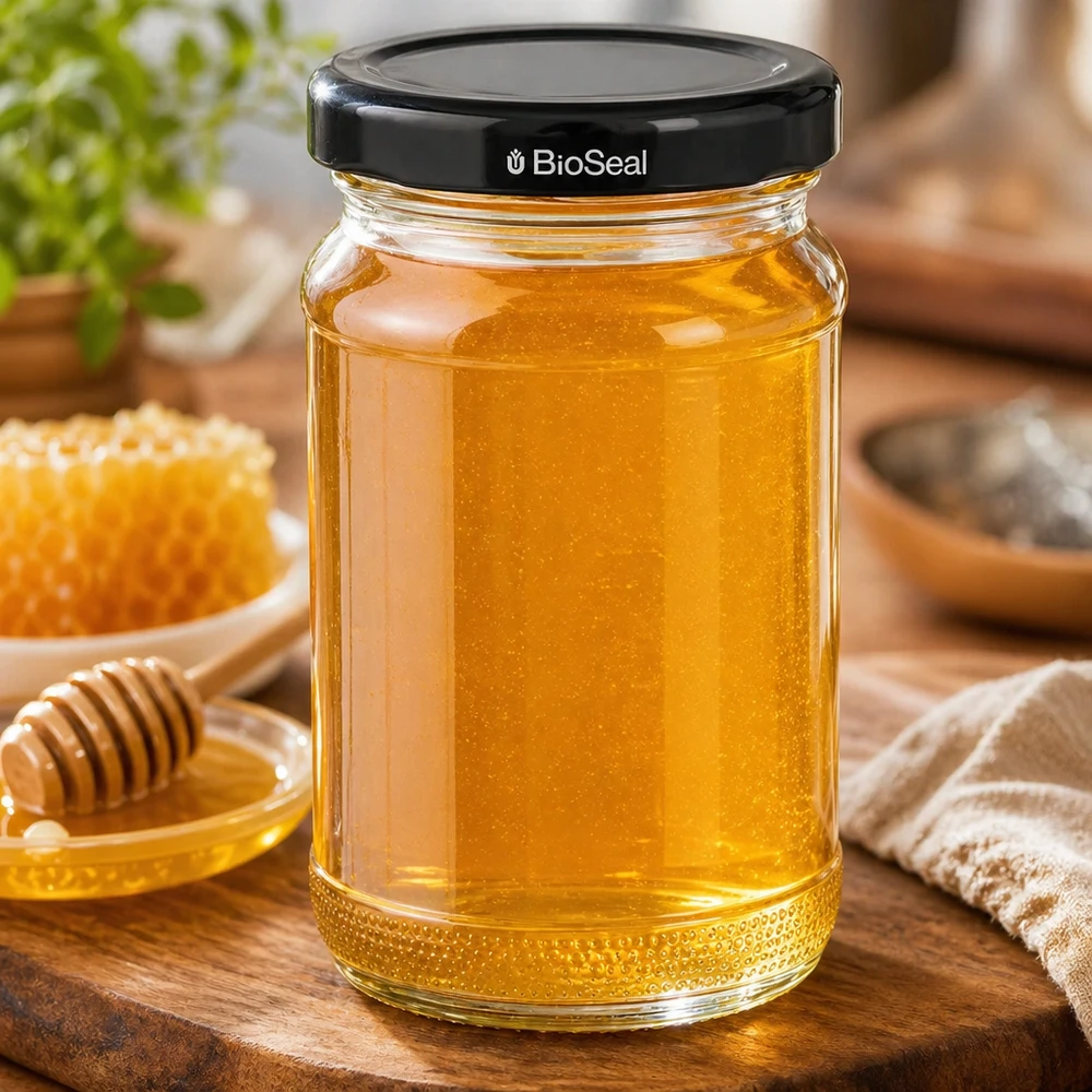 110ml rond glas met BioSeal deksel zwart UNiTWIST UNiTWIST Runda110 gevuld met gouden honing - zwart TO48 BioSeal deksel - honingpot met houten lepel en honingraat