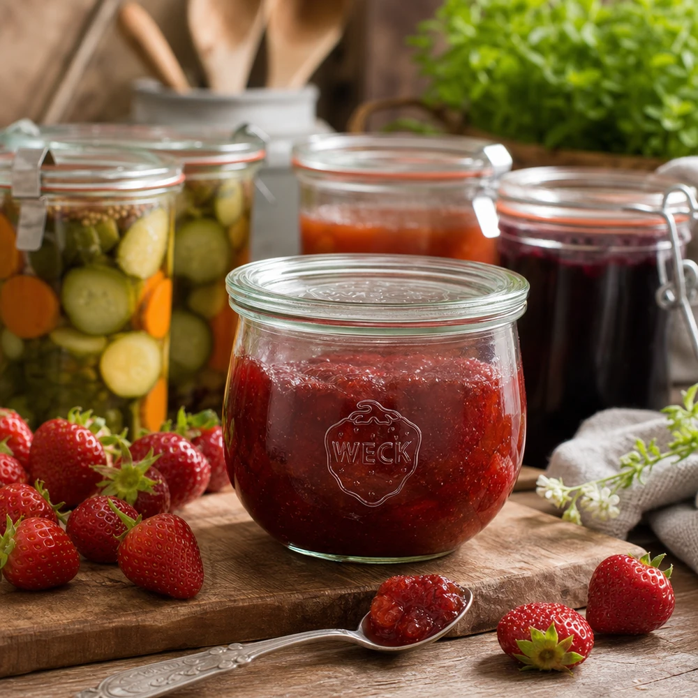WECK tulpenpot 580ml RR100 gevuld met aardbeienjam naast verse aardbeien en ingemaakte groenten op een houten plank