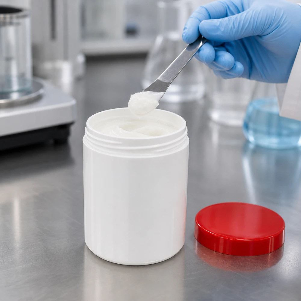 Zalfpot 300 g wit met rood schroefdeksel (PP) Witte zalfpot van polypropyleen van 300 g met rode afsluitdop, laboratorium