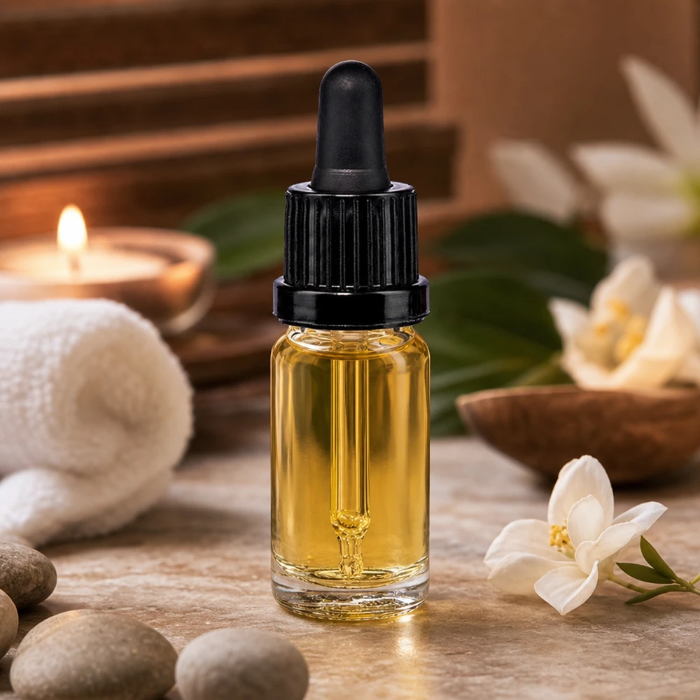 10ml pipetfles zwart OV ClearLine UT18/10 Glazen flesje van 10 ml met zwarte pipetdop en gouden olie op natuursteen met witte bloemen