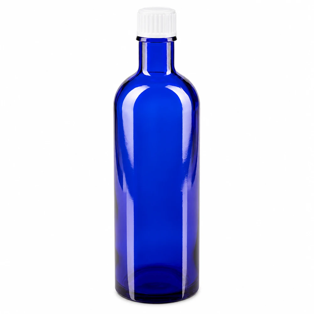 Cilindrische blauwe medicijnfles van 200 ml, van glas, met witte schroefdop