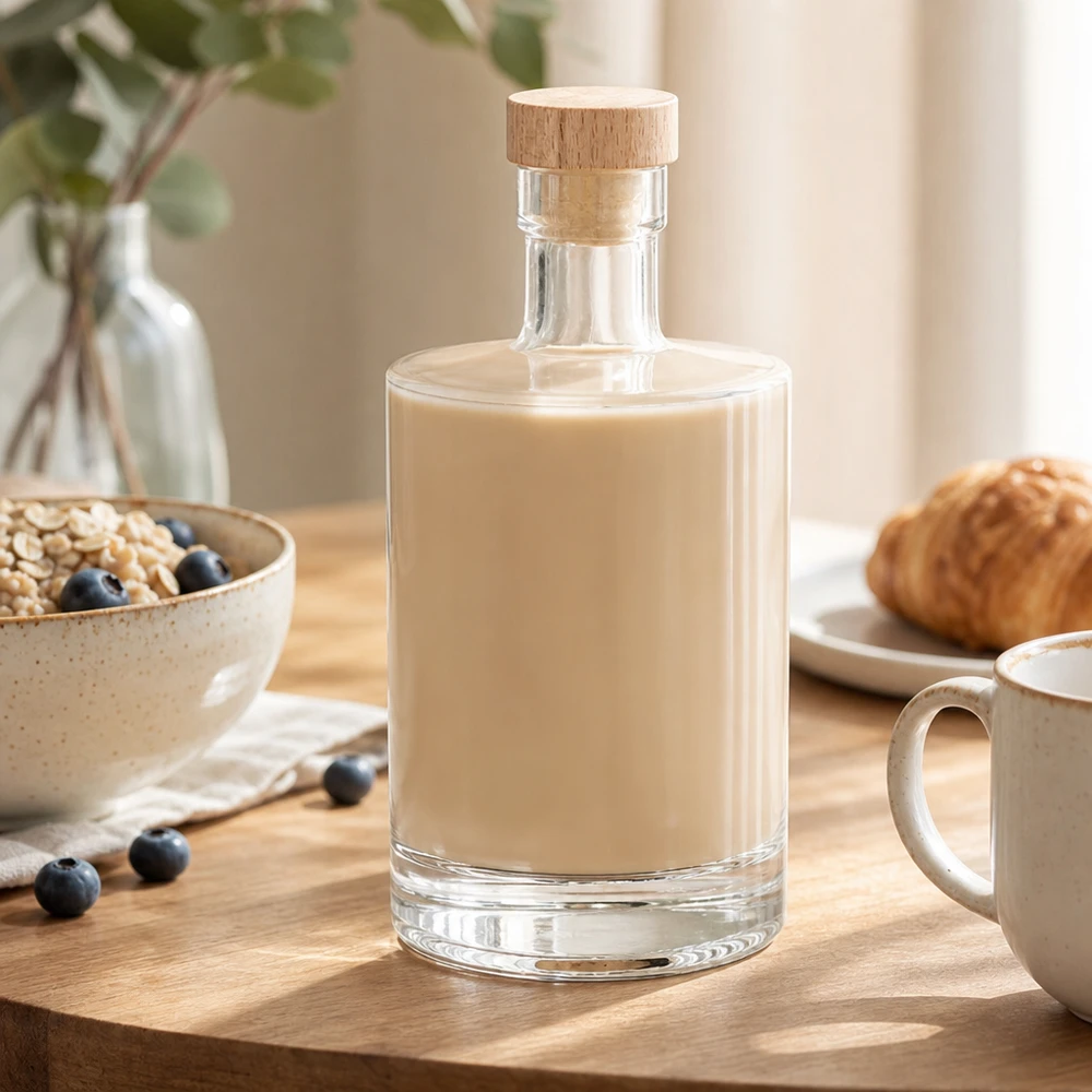 500ml glazen fles Marie gevuld met romige likeur - houten kurk UNiTWIST - ontbijttafel decor met muesli
