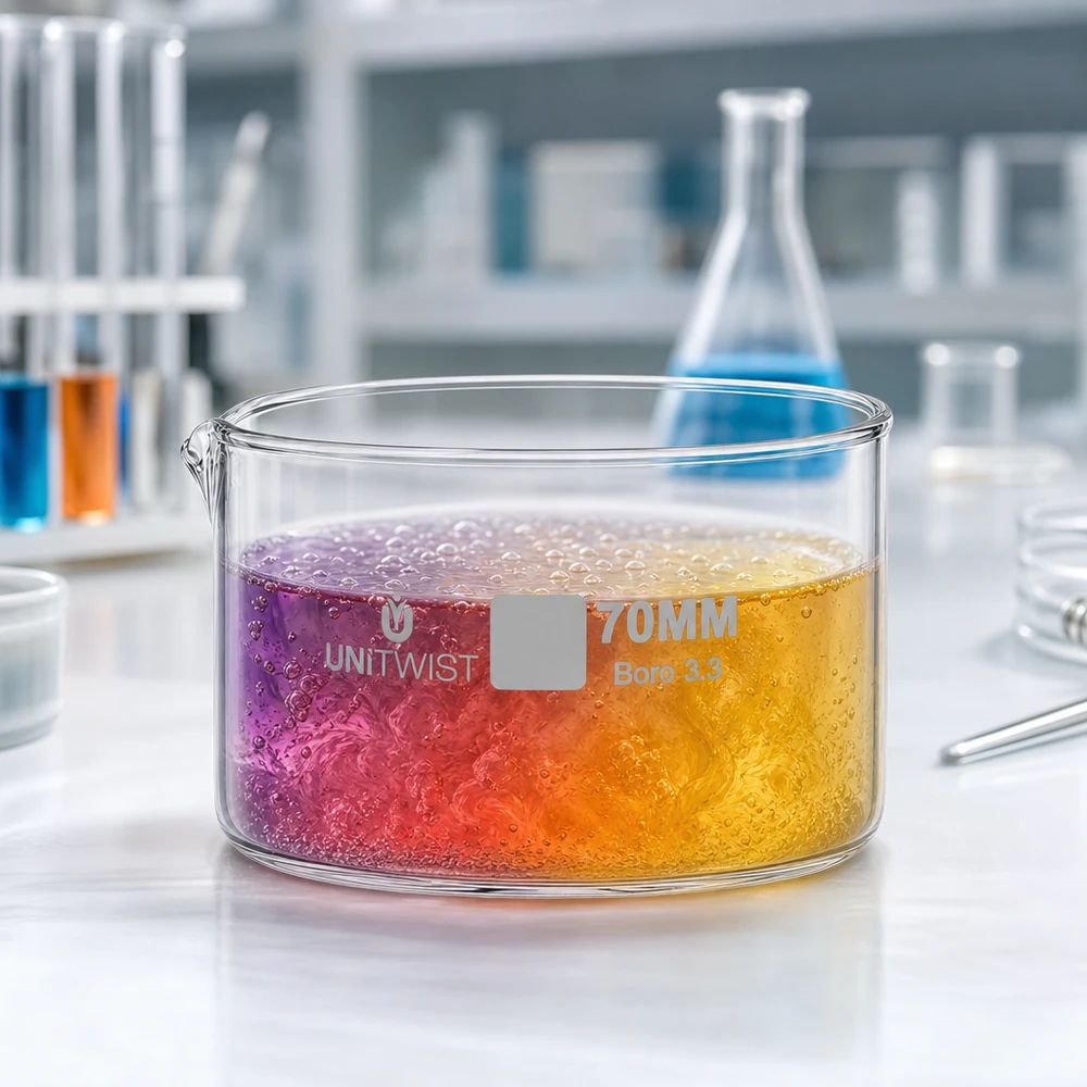 Kristalliseer schaal ø70mm borosilicaatglas UNiTWIST Vlakke kristallisatieschaal 70 mm, borosilicaatglas, UNiTWIST, met chemische reactie en bellenvorming