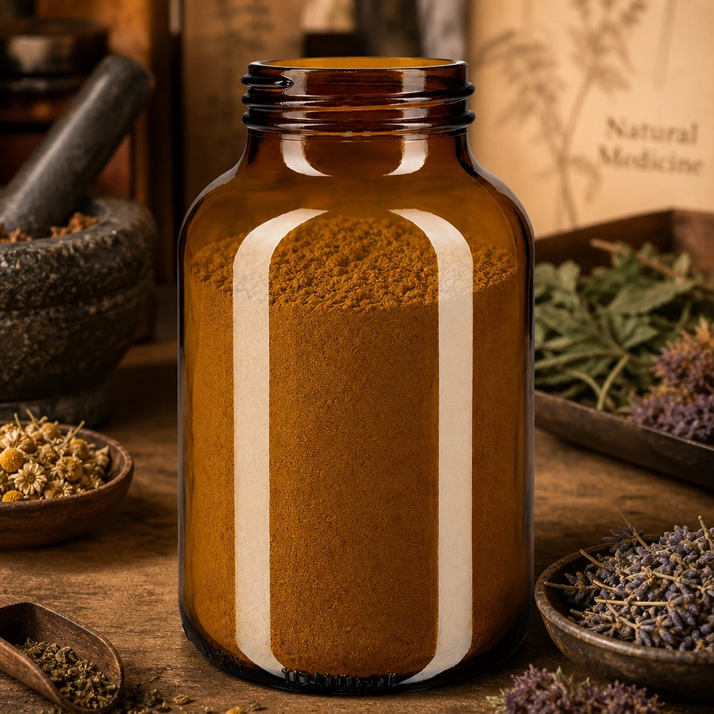 Grote 1000ml amberkleurige glazen fles met wijde opening, ideaal voor poeders en granulaten