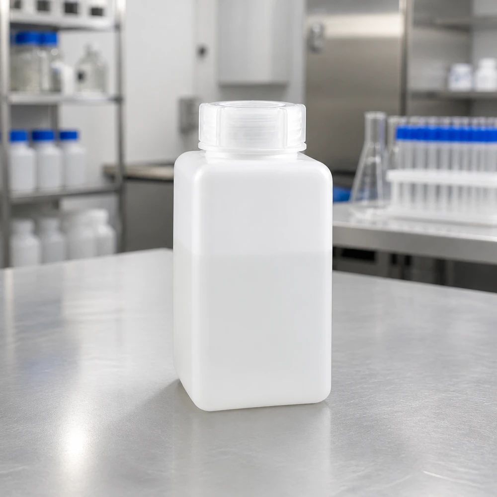 Chemicaliënfles 1500 ml, wijde hals, incl. sluiting GL 65 Ruimtebesparende, hoekige chemicaliënfles van 1500 ml van PE-HD in een moderne laboratoriumomgeving