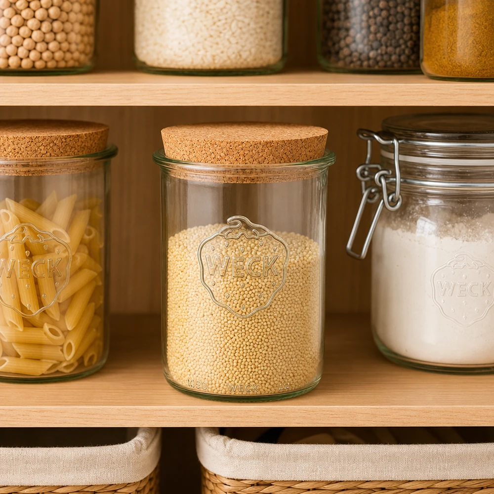 1000ml stortglas WECK RR100 met kurk WECK Sturzglas RR100 1000ml mit Korkdeckel in organisierter Vorratsküche Pantry mit Getreide Pasta und Mehl