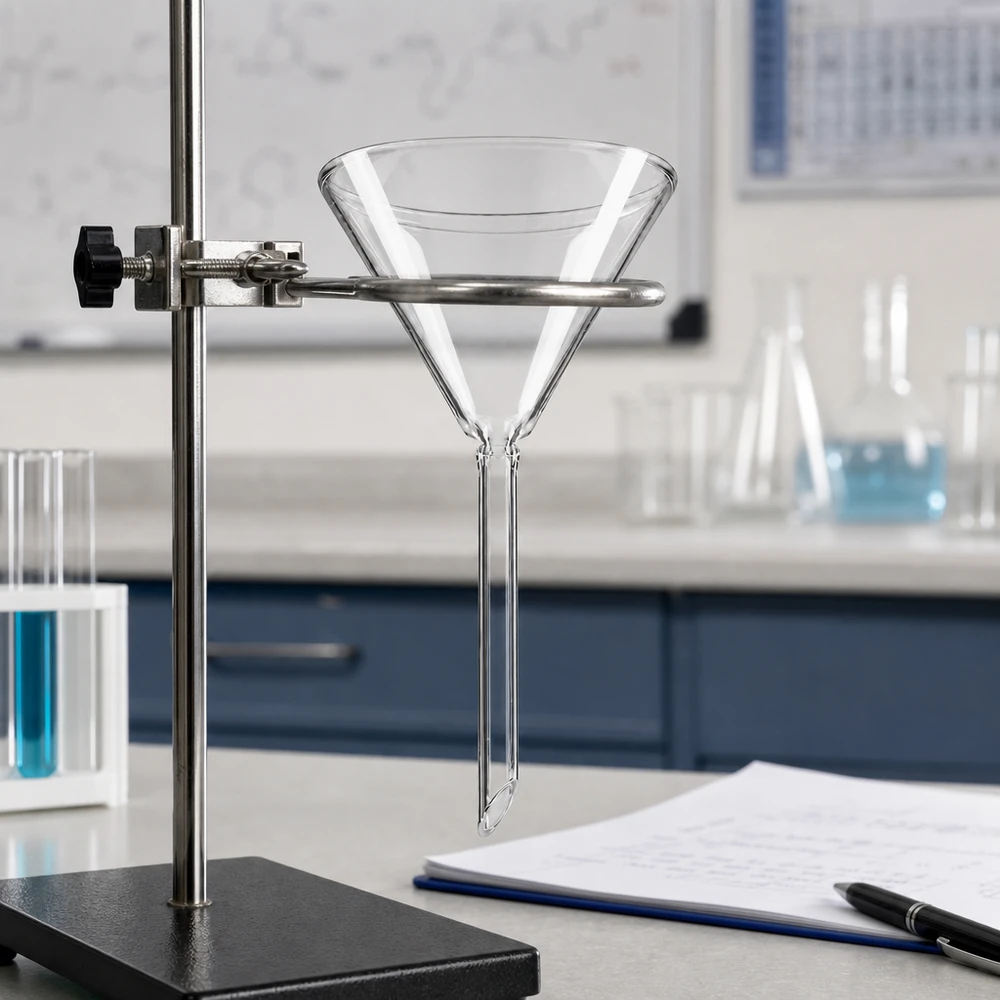 Precisie glazen trechter met 70 mm opening en kort handvat voor exacte dosering in laboratoria en chemie