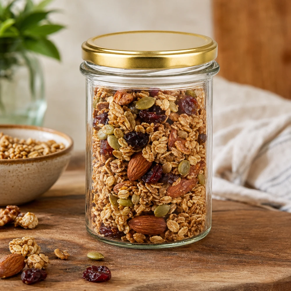 230 ml BasicSeal pot met gouden deksel gevuld met muesli, noten en gedroogd fruit voor opslag op een houten tafel