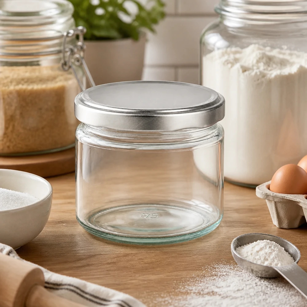 330ml ronde pot met BasicSeal deksel leeg tussen bakingrediënten op houten tafel Bewaarpot voor keuken en bakken