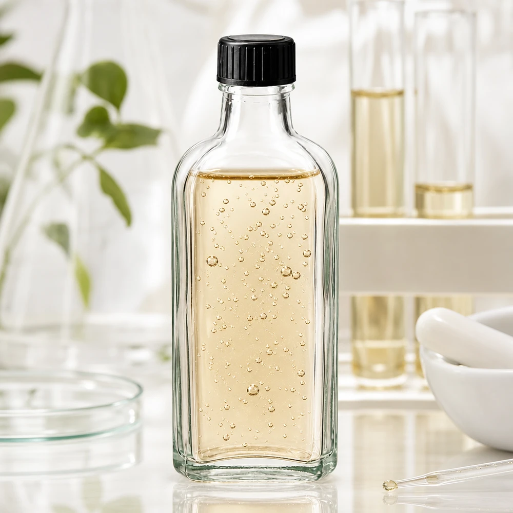 100 ml witte meplatfles met DIN 22 monding, inclusief schroefsluiting DIN 22 zwart van LKD Kleine glazen fles Meplat 100 ml met zwarte schroefdop, tussen laboratoriumbenodigdheden en een petrischaal