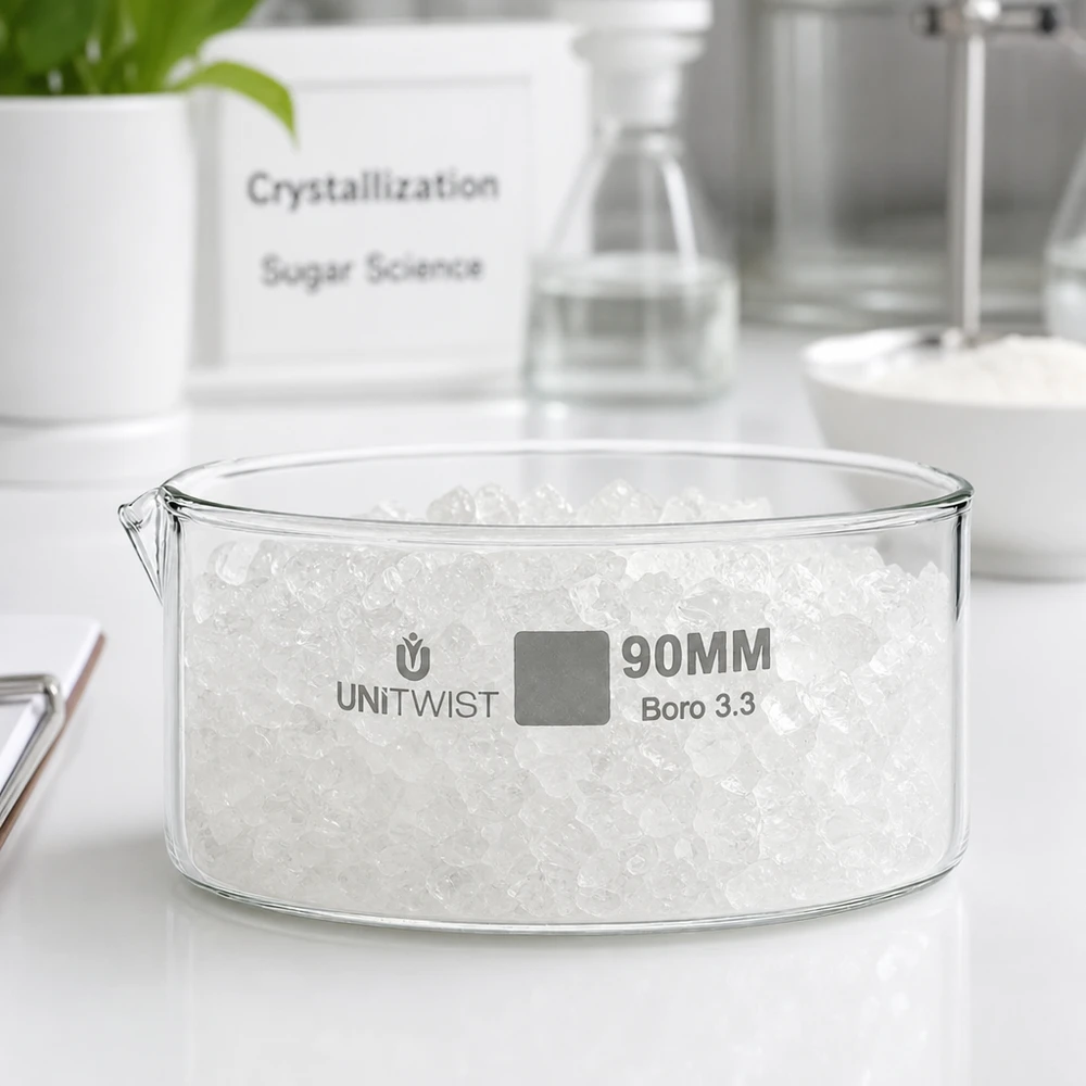 Vlakke laboratoriumschaal ø90 mm UNiTWIST Boro 3.3 met kristallen Kristallisatie-experiment Scheikunde