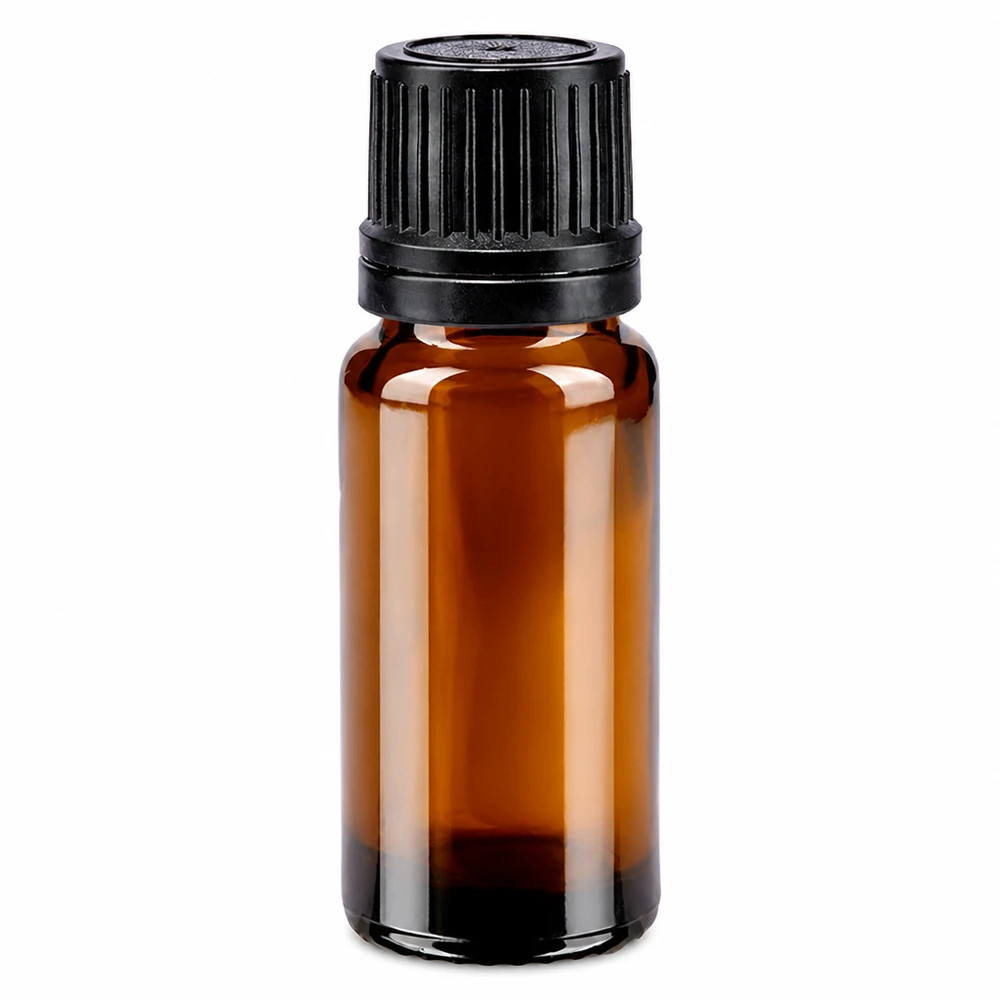Bruin flesje van 10 ml, gemaakt van hoogwaardig ApoGlas, met zwarte originaliteitssluiting en een opening van 1 mm
