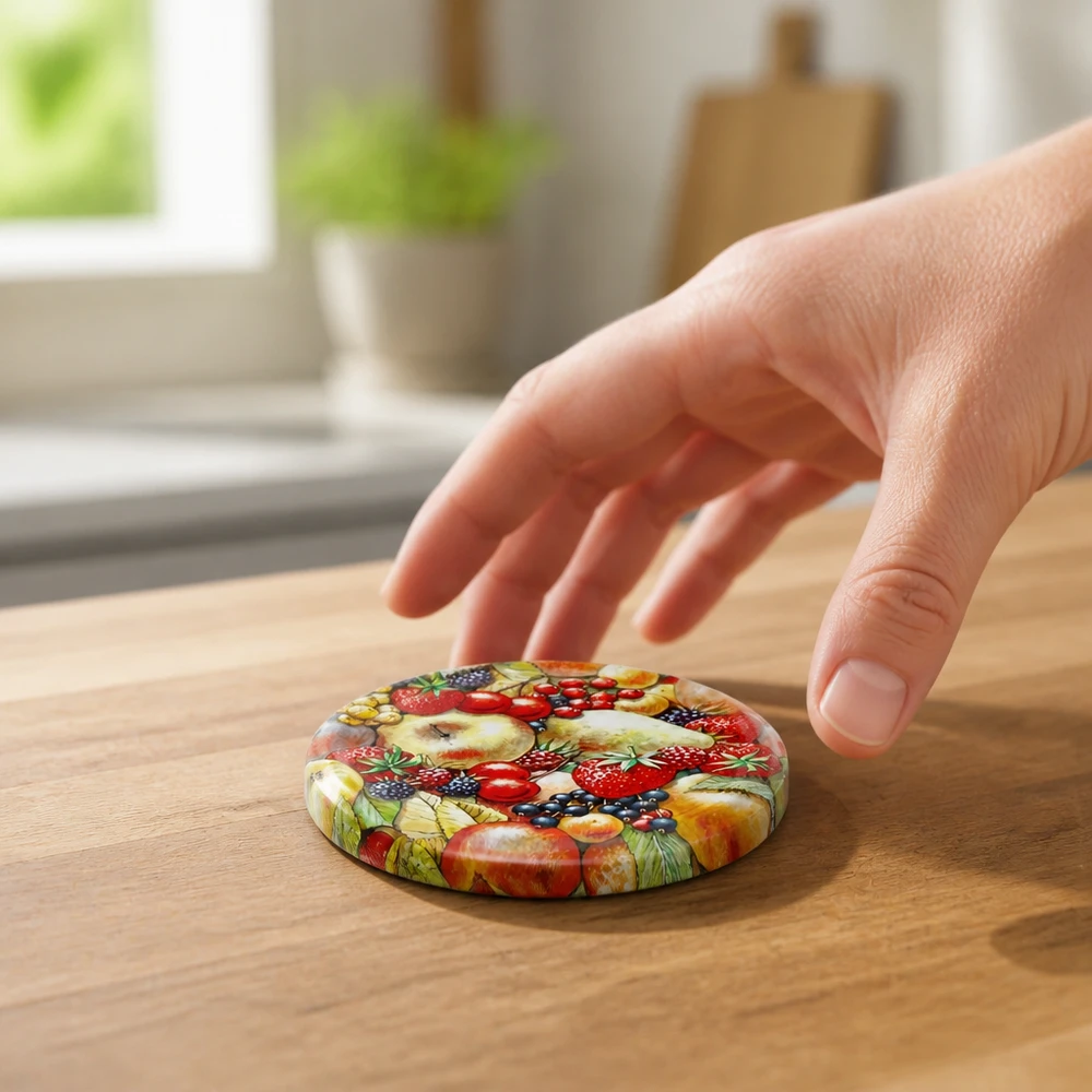 82 mm BasicSeal-deksel met fruitmotief (TO82) UNiTWIST UNiTWIST 82 mm inmaakdeksel met fruitmotief (bessen en kersen), mat oppervlak, keukenachtergrond