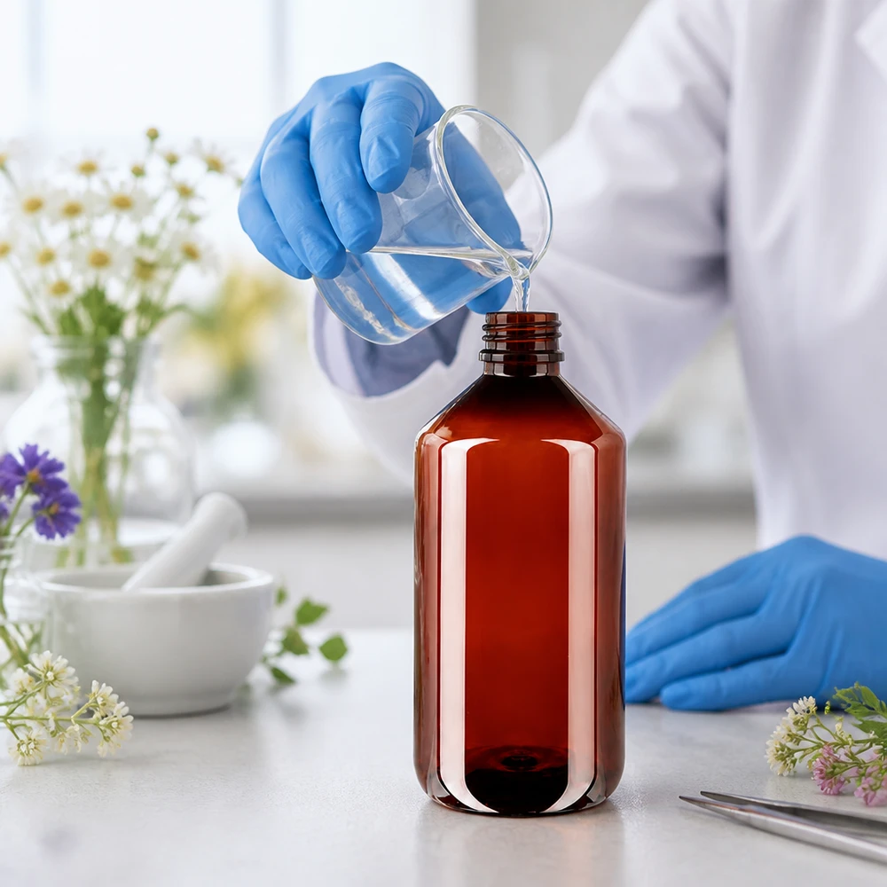 Stevige bruine PET-kunststof fles van 500 ml, geschikt voor laboratoriumvloeistoffen en tincturen