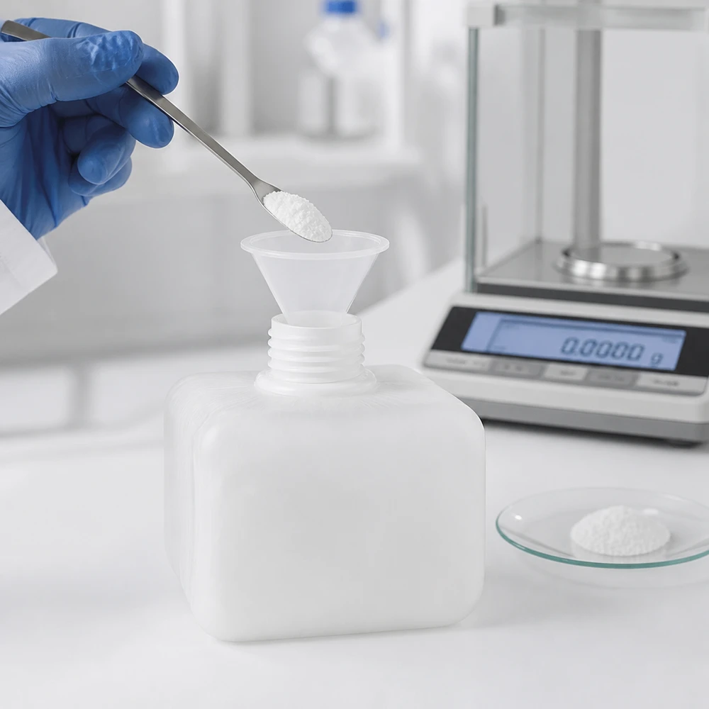 Chemicaliënfles 250 ml, nauwe hals Het witte poeder wordt in een vierkante PE-HD-laboratoriumfles van 250 ml met smalle hals gedoseerd en afgewogen