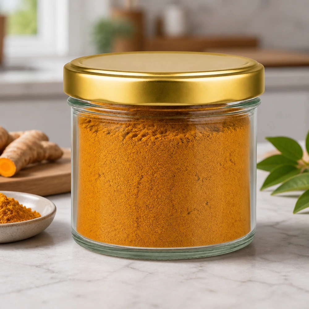 230 ml cilinderpotje met gouden BasicSeal deksel gevuld met kurkumapoeder Kruidenpotje Keukenambiance