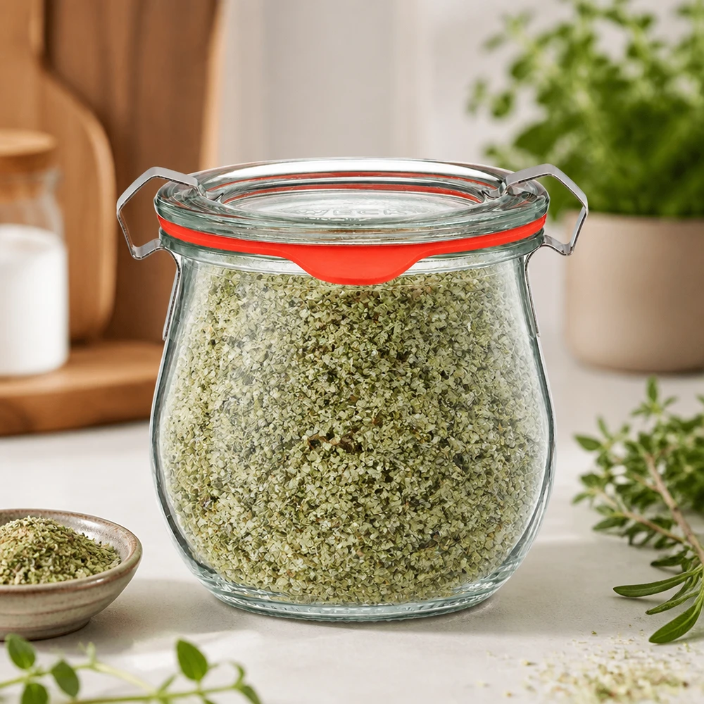 Idee voor een glazen kruidenpotje: Glazen WECK tulpenglas 220 ml WECK tulpglas 220 ml voor het bewaren van kruidenzout, transparante glazen pot met rode siliconenring