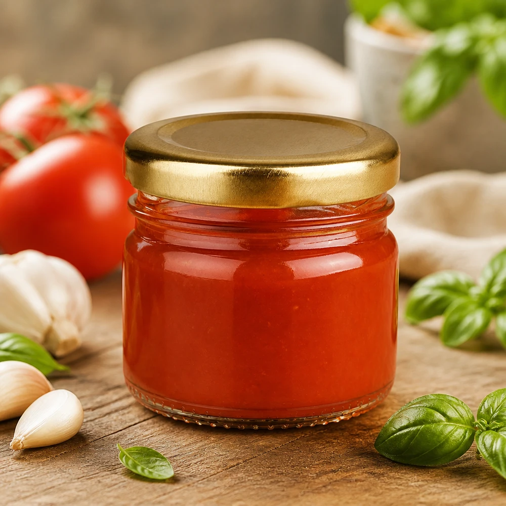 33 ml rond glazen potje + BasicSeal-deksel goud UNiTWIST 33 ml rond glazen potje BasicSeal goud, luchtdicht afgesloten met tomatensaus en mediterrane ingrediënten