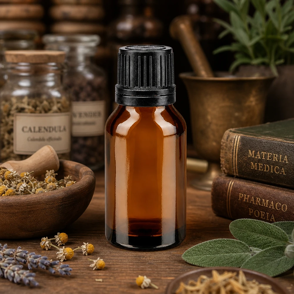 Bruine glazen fles 15ml met zwart druppelsluiting 1mm VR Geneeskrachtige kruiden en een bruine apothekersfles van 15 ml met een zwarte druppeldop, afgebeeld tegen de achtergrond van oude farmacopee-boeken