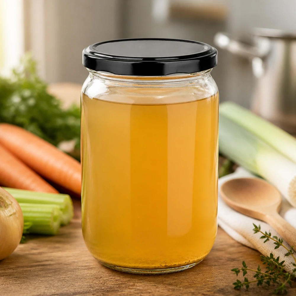 555 ml ronde glazen pot + BasicSeal-deksel, zwart, UNiTWIST Rond glazen pot van 555 ml met een zwarte BasicSeal-deksel, luchtdicht afgesloten, voor zelfgemaakte bouillon
