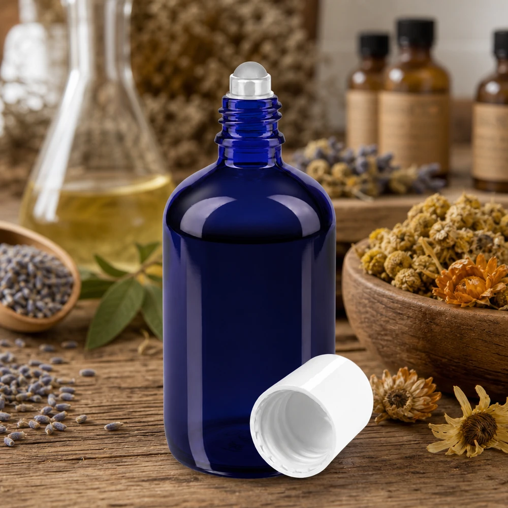 Apothekersflesje blauw 100ml roll-on cap wit Roll-on-verpakking van 100 ml van blauw veiligheidsglas met stalen balletje voor aromatherapie-toepassingen