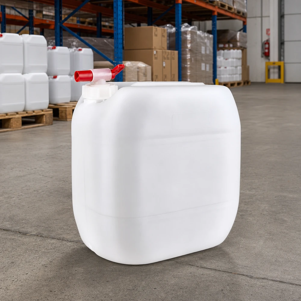 30l jerrycan met aftapkraan, UN-toelating 30L-jerrycan van HDPE met rode afsluitkraan voor een industrieel hoogbouwmagazijn