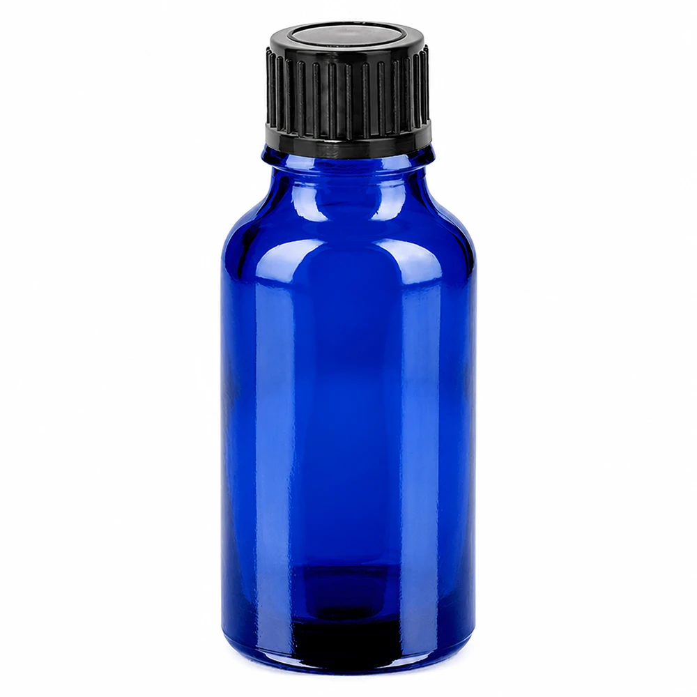 Compact blauw 20ml flesje met kindveilige dop voor laboratorium- en apotheekgebruik