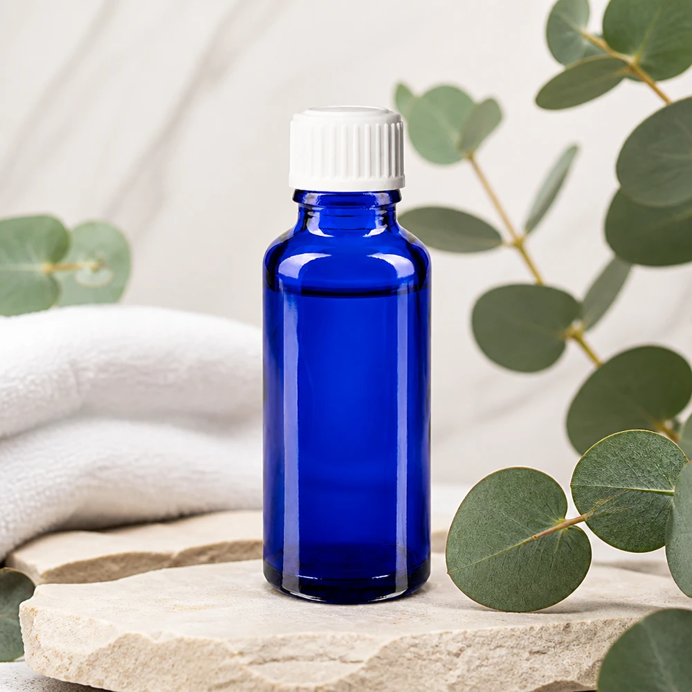 Blauwe glazen flessen 30ml met wit schroefsluiting St Donkerblauwe druppelfles van borosilicaatglas, 30 ml, lichtbeschermd, voor natuurlijke cosmetica