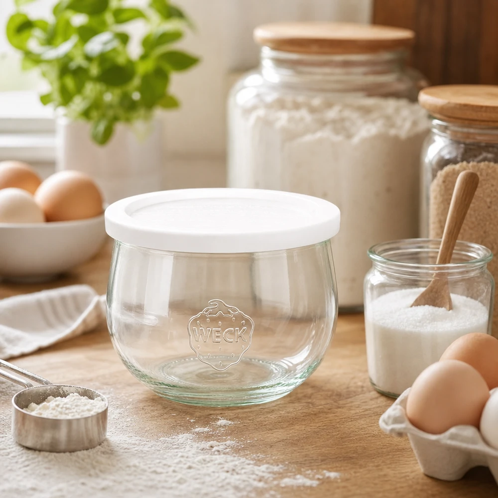 580ml tulpenglas met vershouddeksel WECK RR100 WECK tulpenpot 580ml RR100 leeg met vershouddeksel in bakkerskeuken omringd door bloem, eieren en bakingrediënten