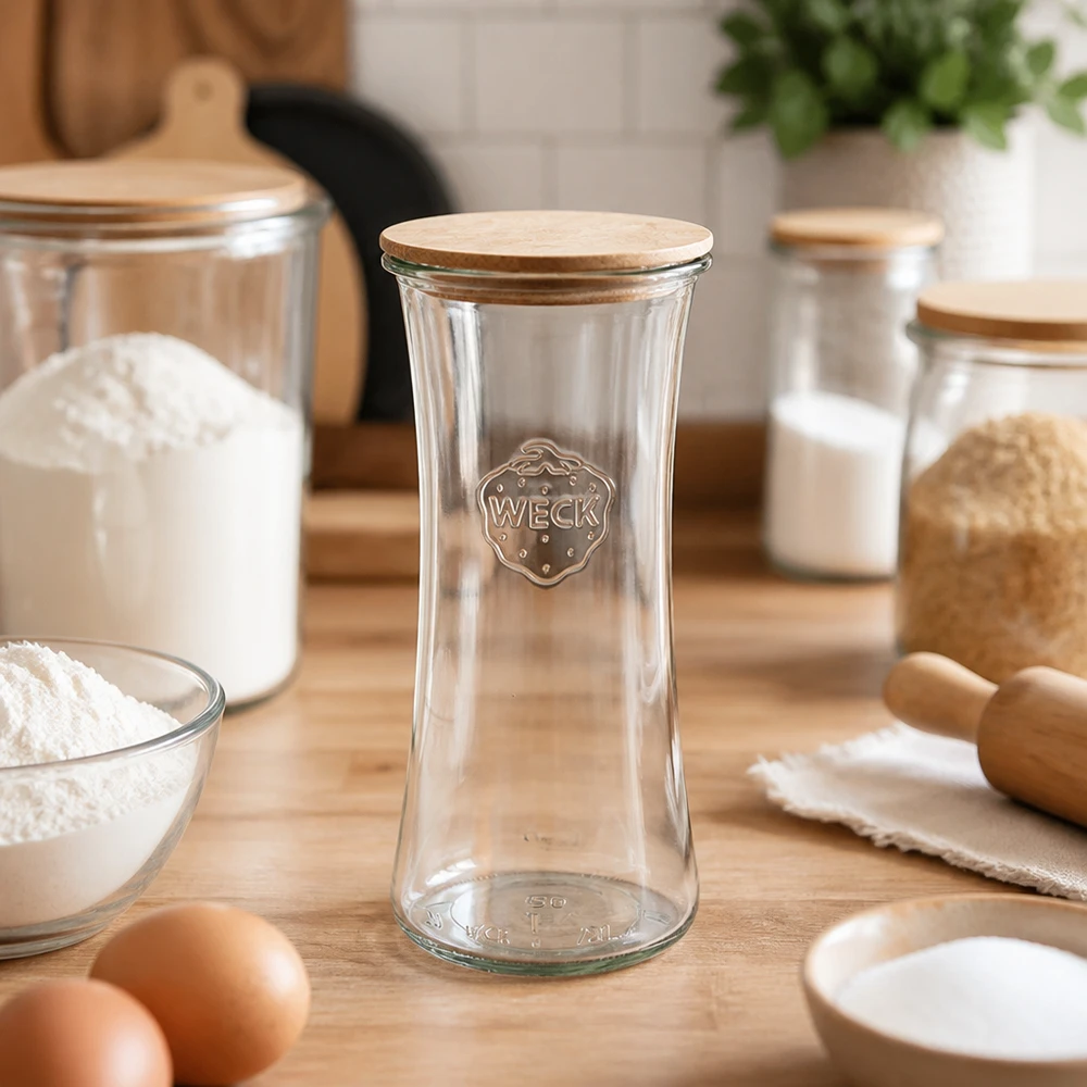 700ml delicatessenglas WECK RR80 met hout deksel WECK delicatessenpot 700ml RR80 leeg met bamboe deksel in keuken omringd door bak ingrediënten bloem eieren voorraad potten